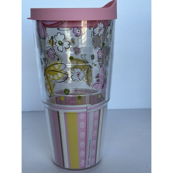24 oz Tervis Hallmark Pink Lid Butterflies Floral Stripes Travel Tumbler Cup - Picture 3 of 6